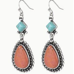 Bohemian Style Silver Electro-Plated Synthetic Turquoise Accents Earrings